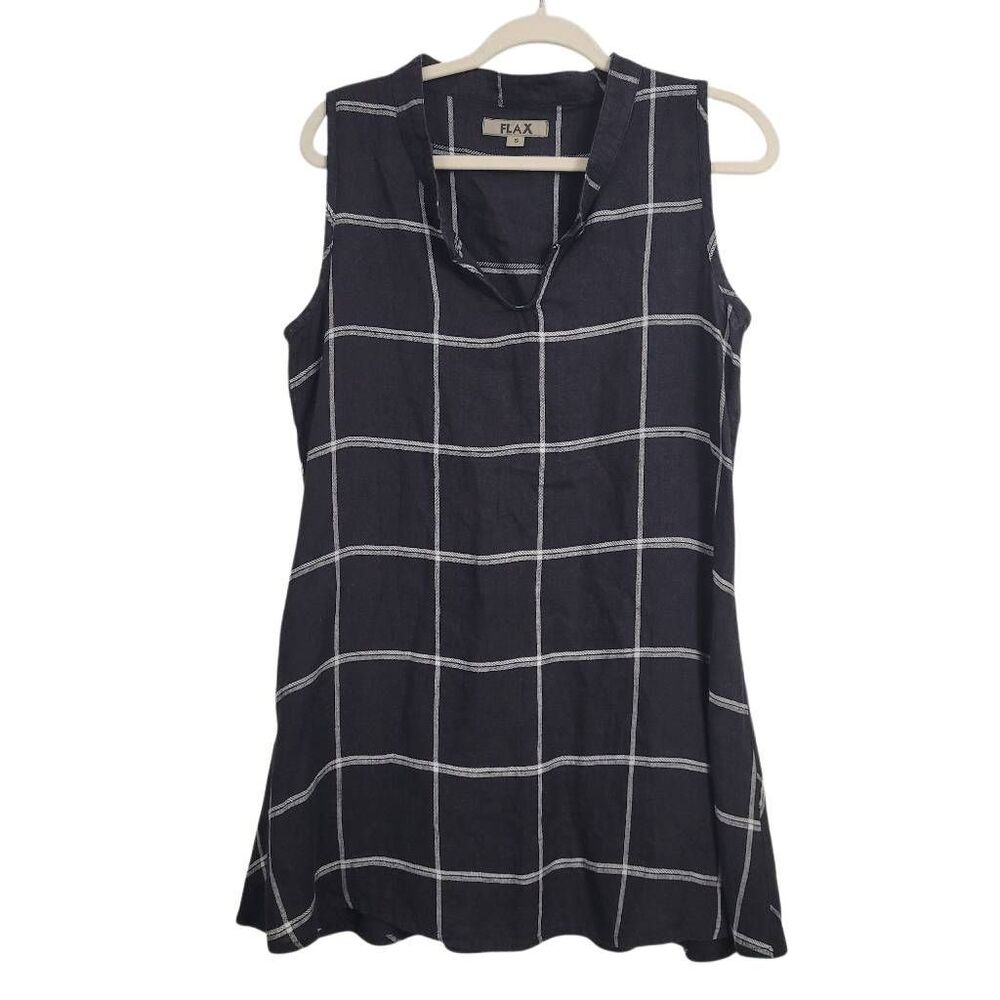 Flax Black Windowpane Sleeveless Linen Tunic Dress‎ Sz S Popover Lagenlook USA